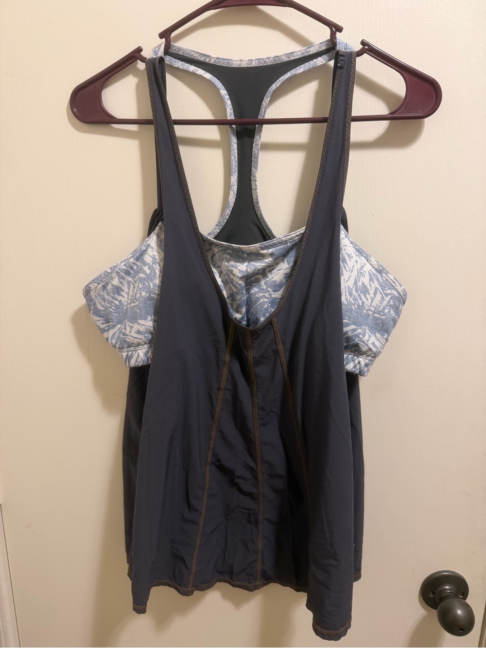 Prana  Gray Racerback Tank with Blue-White Printed Shelf Bra